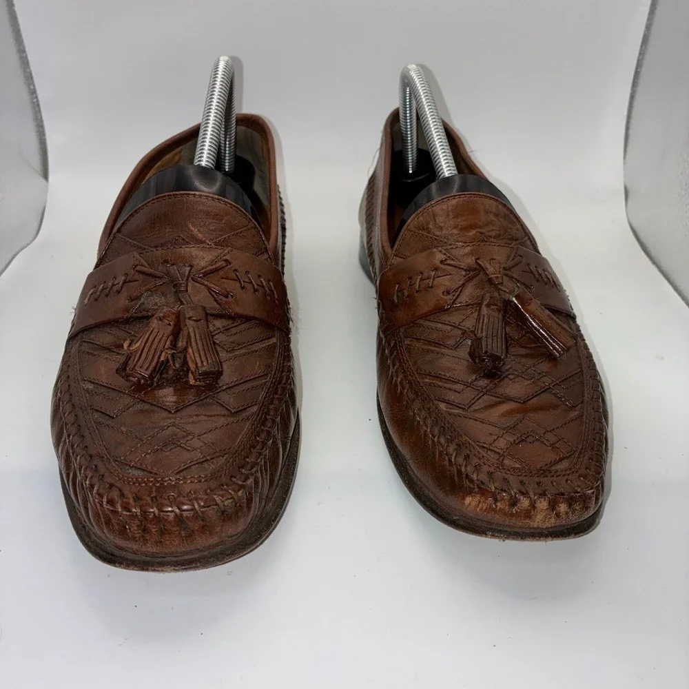 Brass Boot Mens Brown Leather Woven Tassel Loafers Made in Italy‎ Size 9 M